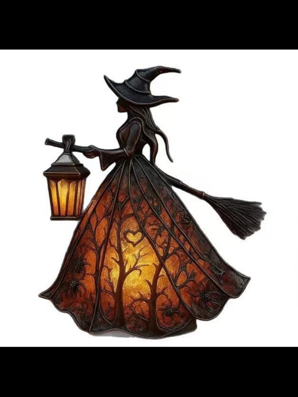 decorative resi gothic-style Halloween witch figurine lamp holding a lit lantern